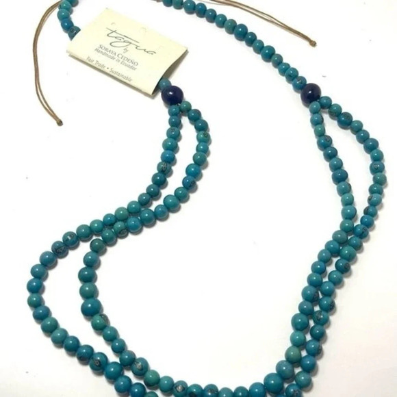 Tagua Long Double Stranded Turquoise Tagua Nut Necklace - Picture 4 of 5
